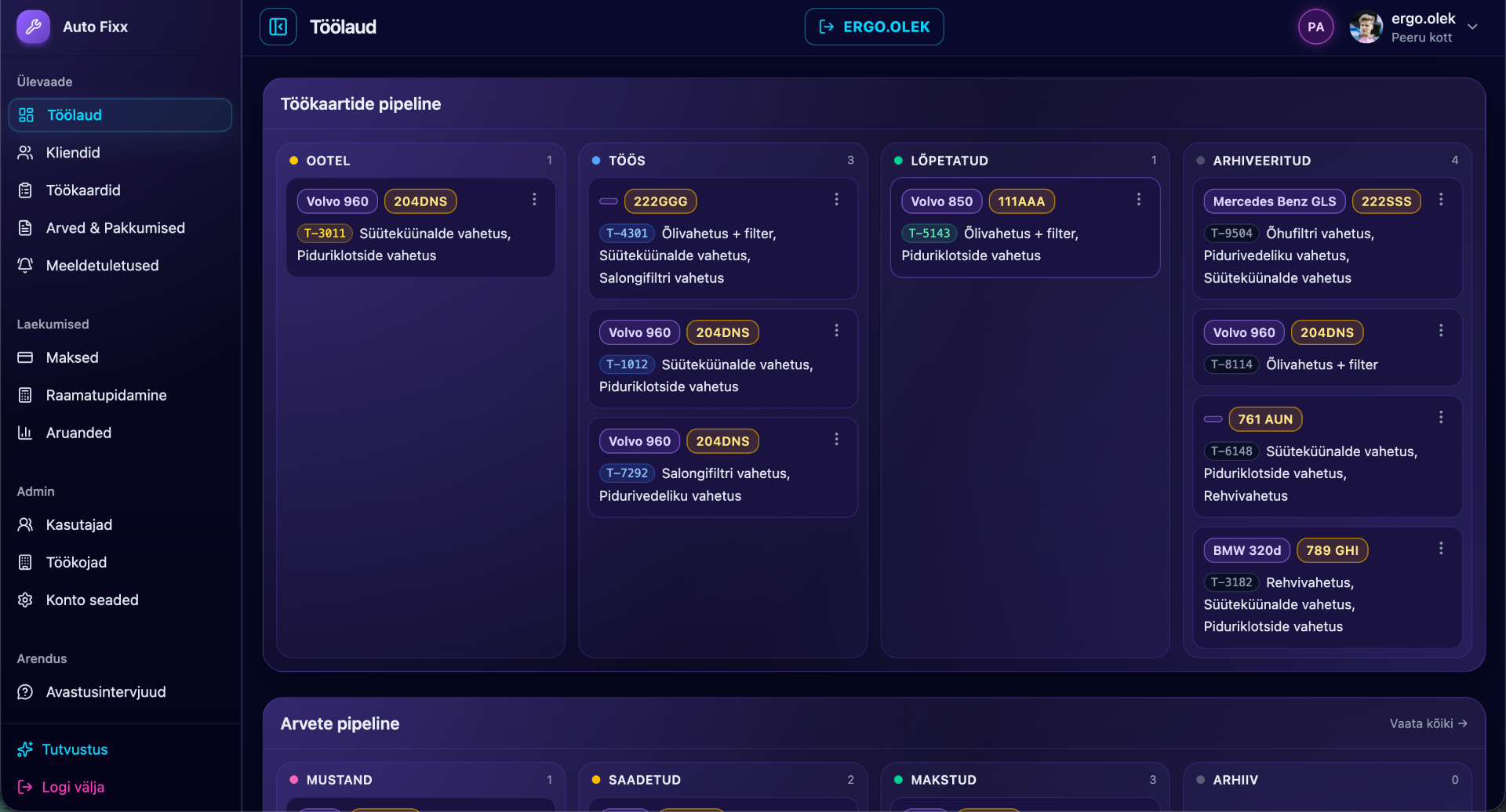Autofixx dashboard — töökaartide pipeline view