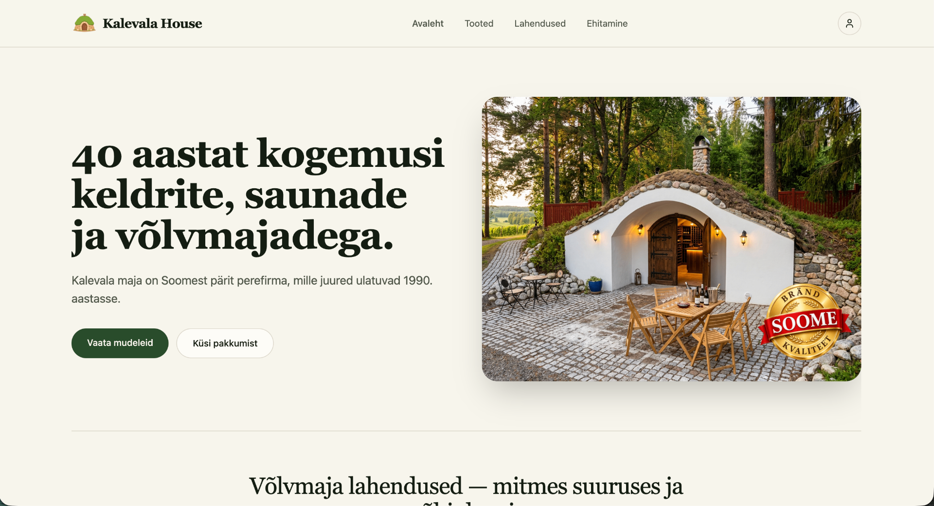 Kalevala House — koduleht ja võlvmajade tutvustus