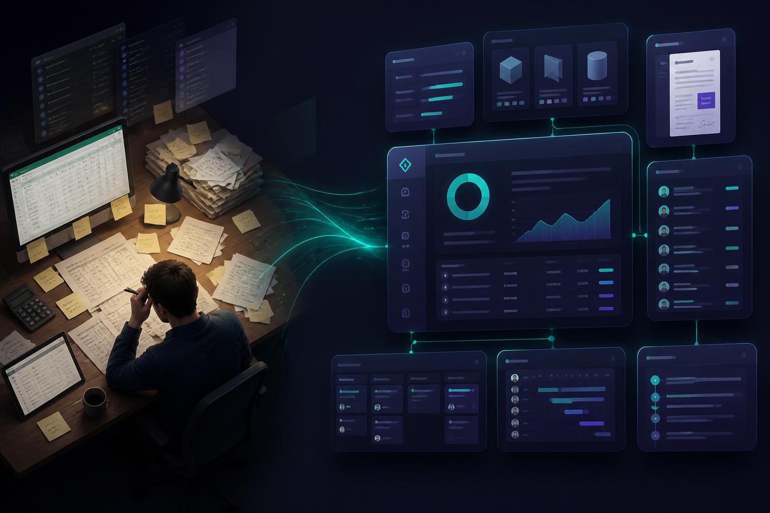 Isometric illustration: scattered spreadsheets and notes on a desk flowing into one connected digital pricing, quoting and CRM system
