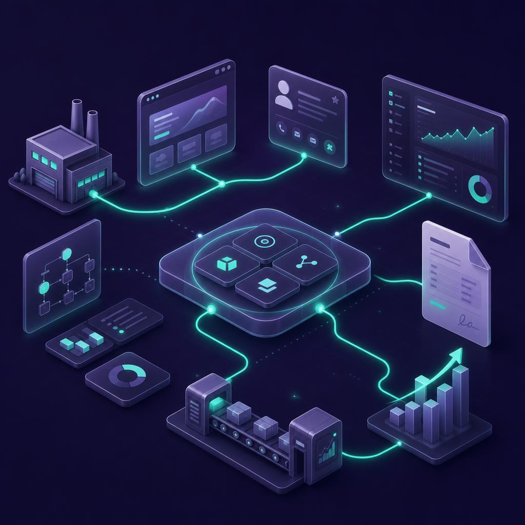 Isometric illustration of four connected business engines powering one system