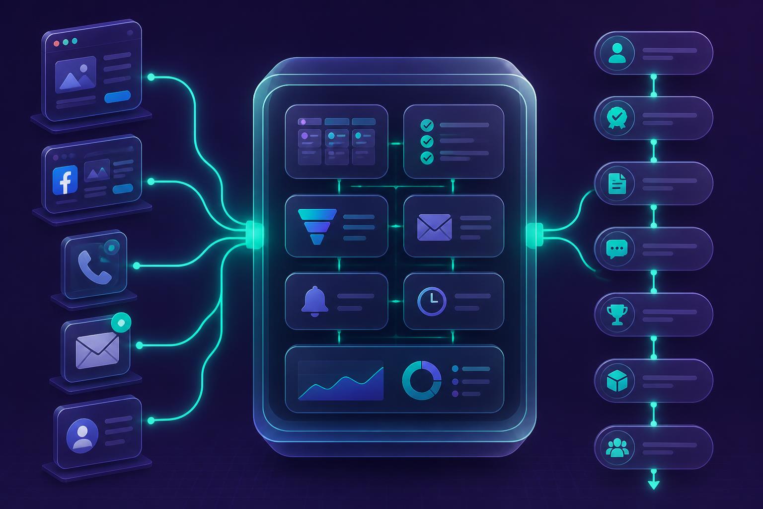 Isometric illustration: enquiries from website, Facebook, phone, email and referrals flowing into one Process Engine with CRM, automation and pipeline stages