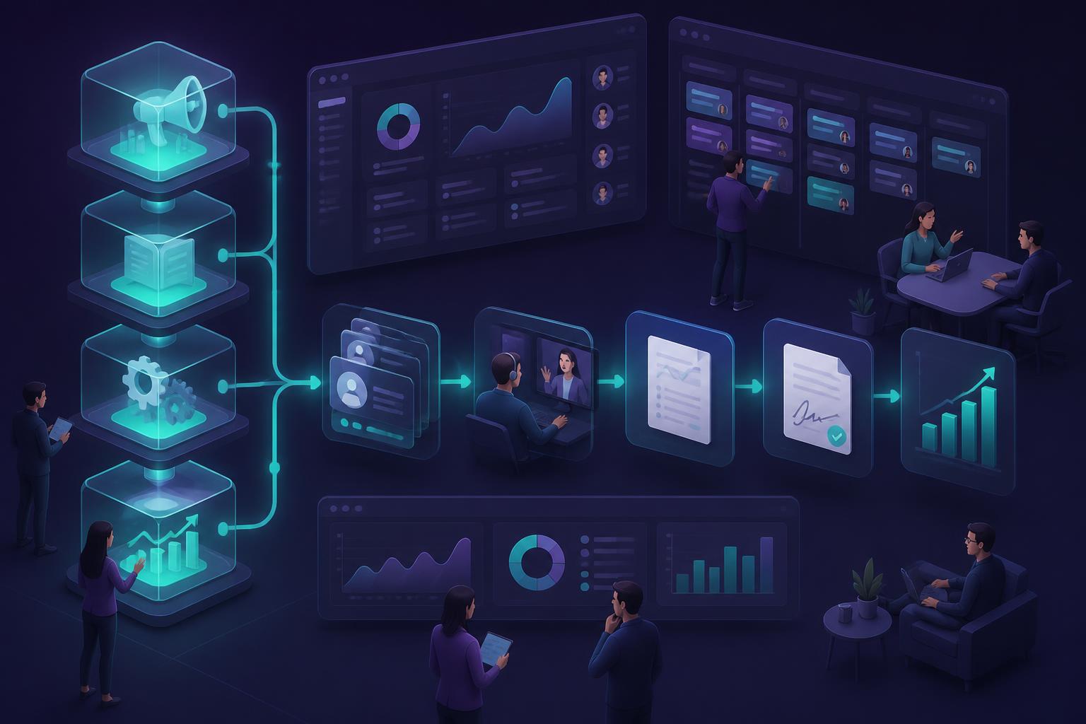 Isometric illustration: four connected growth engines feeding qualified leads, sales calls, proposals, signed contracts and revenue growth, with people working inside the systems